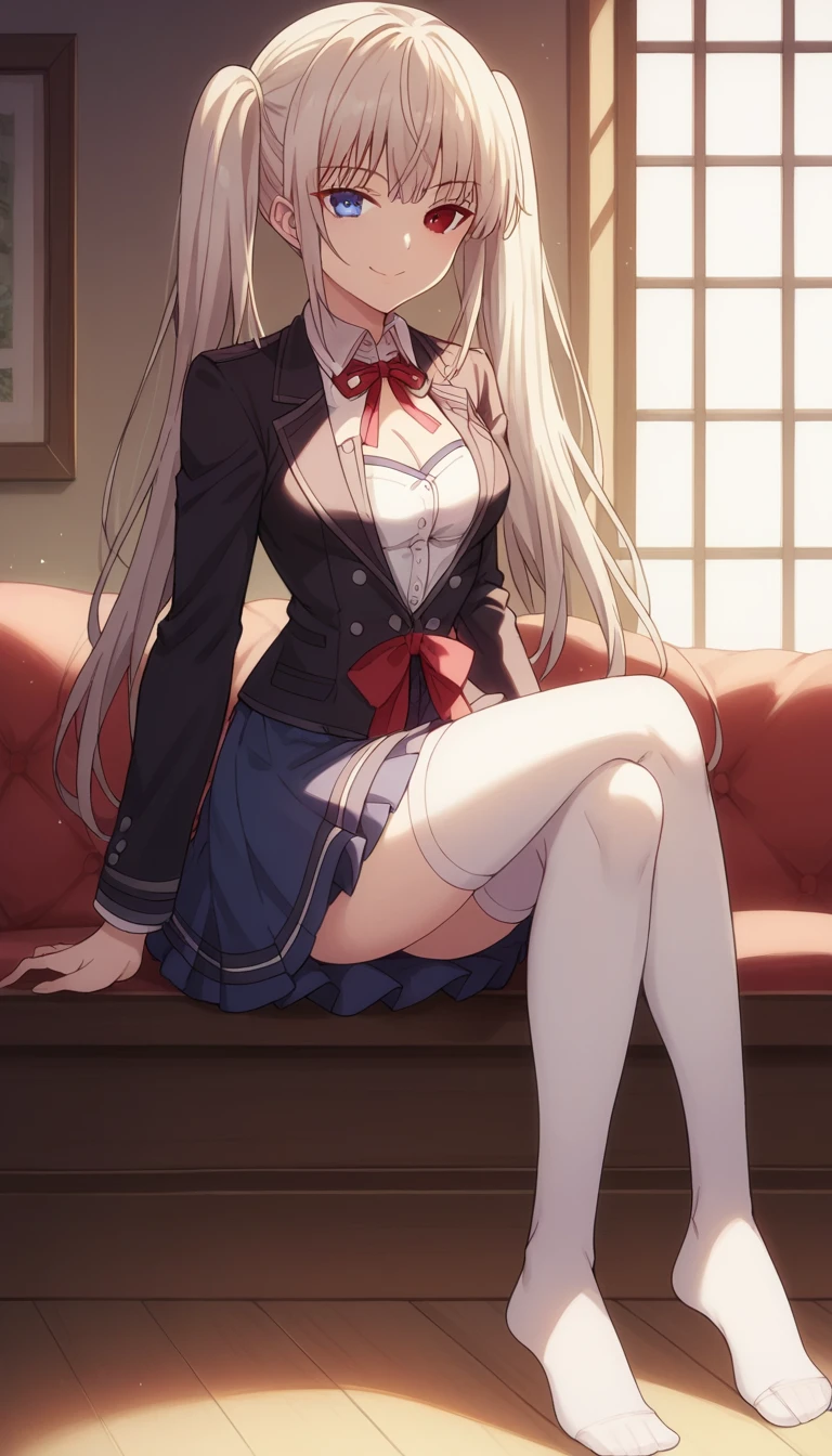 1girl, solo, full length, long hair, ponytails, medium breasts, looking at viewer, legs, hand, bangs, smile, heterochromia, red eyes, blue eyes, , sitting, arrogant smile, legs, stockings, cleavage, indoors, black blazer, white shirt, shirt under jacket, blue skirt, red ribbon, white stockings, best quality, detailed, 