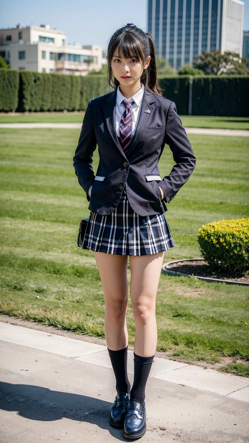 (8K、RAW Photos、Highest quality、masterpiece:1.2)、(Realistic、Realistic)、1 Girl、((Black Check Mini Skirt、High School Uniform、blazer、Navy Socks、loafers、Medium Hair、garden、View from the front、Looking into the camera、Stand with hands on hips))、cute