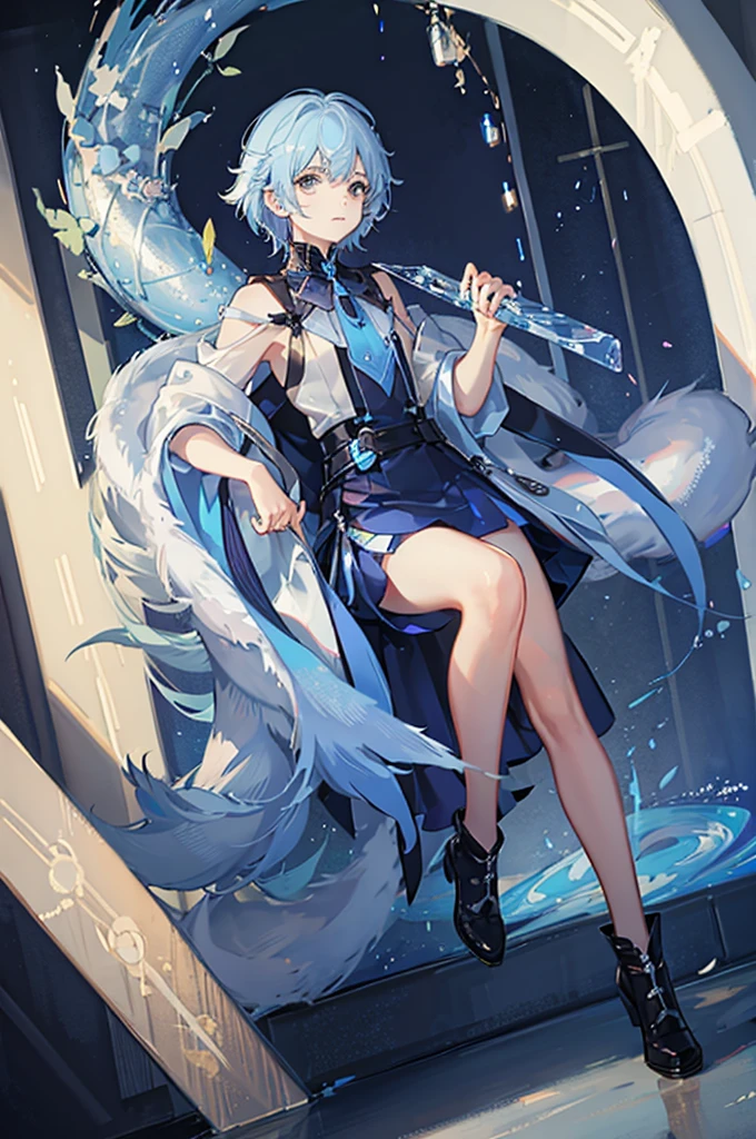 A small boy with light blue hair holding blue energy in both hands