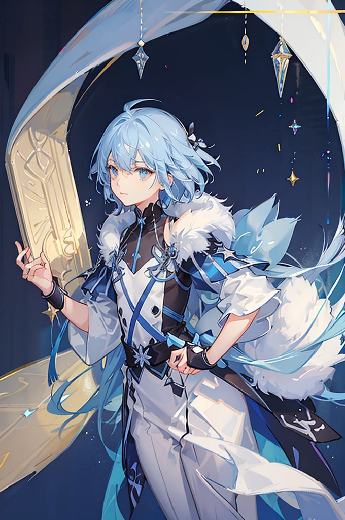 A small boy with light blue hair holding blue energy in both hands