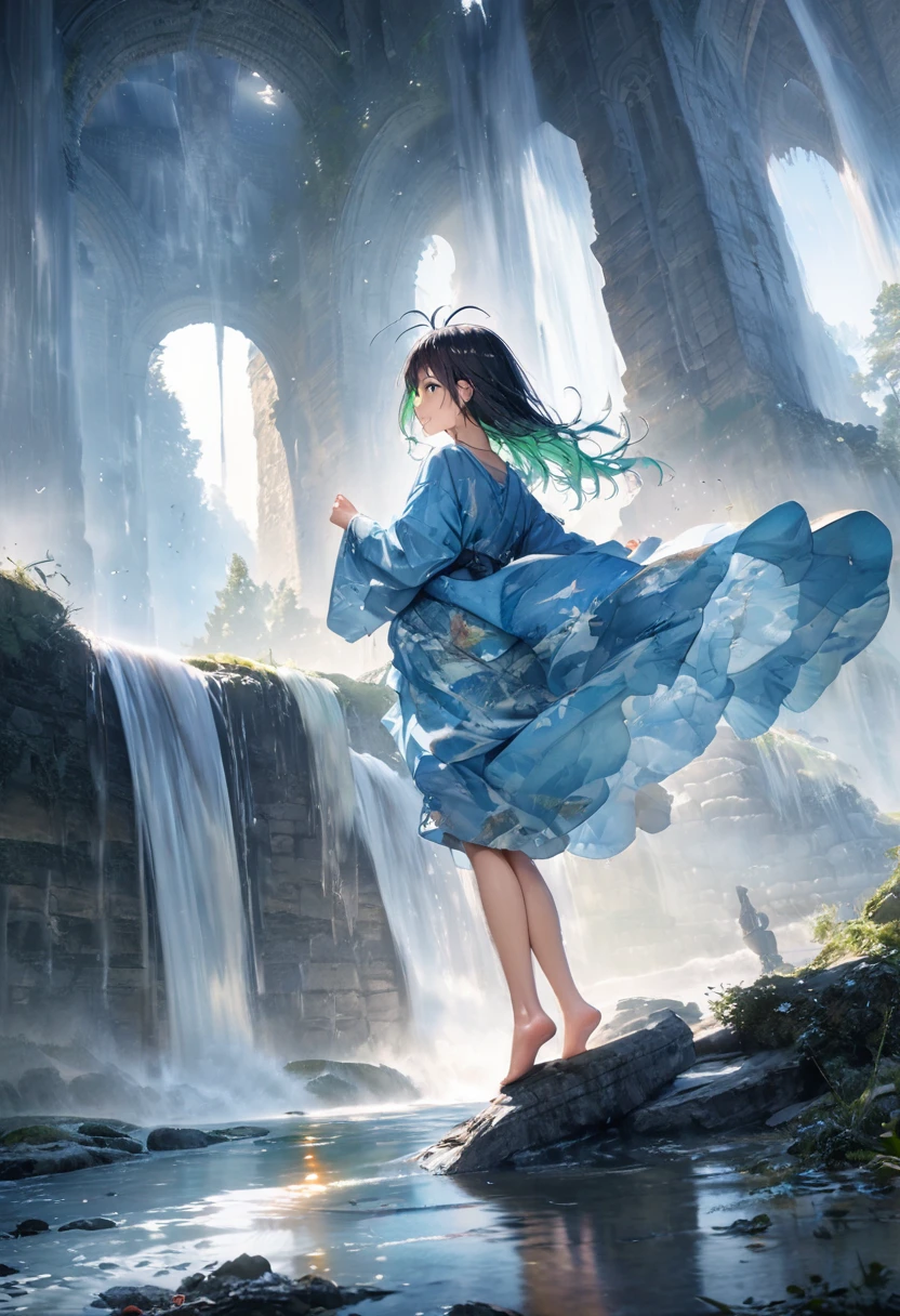 (background the Ruins of Fountains Abbey, blue theme):1.21, (detailed line art, watercolor painting, aesthetic art, light tone):1.3, (masterpiece, photo_real, official art, octane-render):1.4, 
(1 cherubic face girl), magnificent view, whole surface waterfall, dynamism, power, (water reflection:1.1), waterfall (splash:1.3), (ripple:0.95), fantastic, gentle breeze, 1 girl, Back view of girl praying on Center of waterfall, from back, smile, (in blue yukata), barefoot, (((perfect foot))), playful, (((girl in waterfall))), ((wet hair)), (detailed green eyes, jet-black hair,colored inner green ombre hair multicolored hair,antenna hair):1.21, nape, (subjective perspective), dense and delicate clothes,  ethereal lighting,dim lighting), (Deformed),