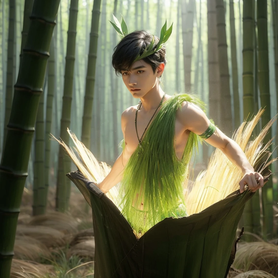 Handsome boy, black hair, brown eyes, wearing green grass crown wearing green grass loin cloth, green bamboo