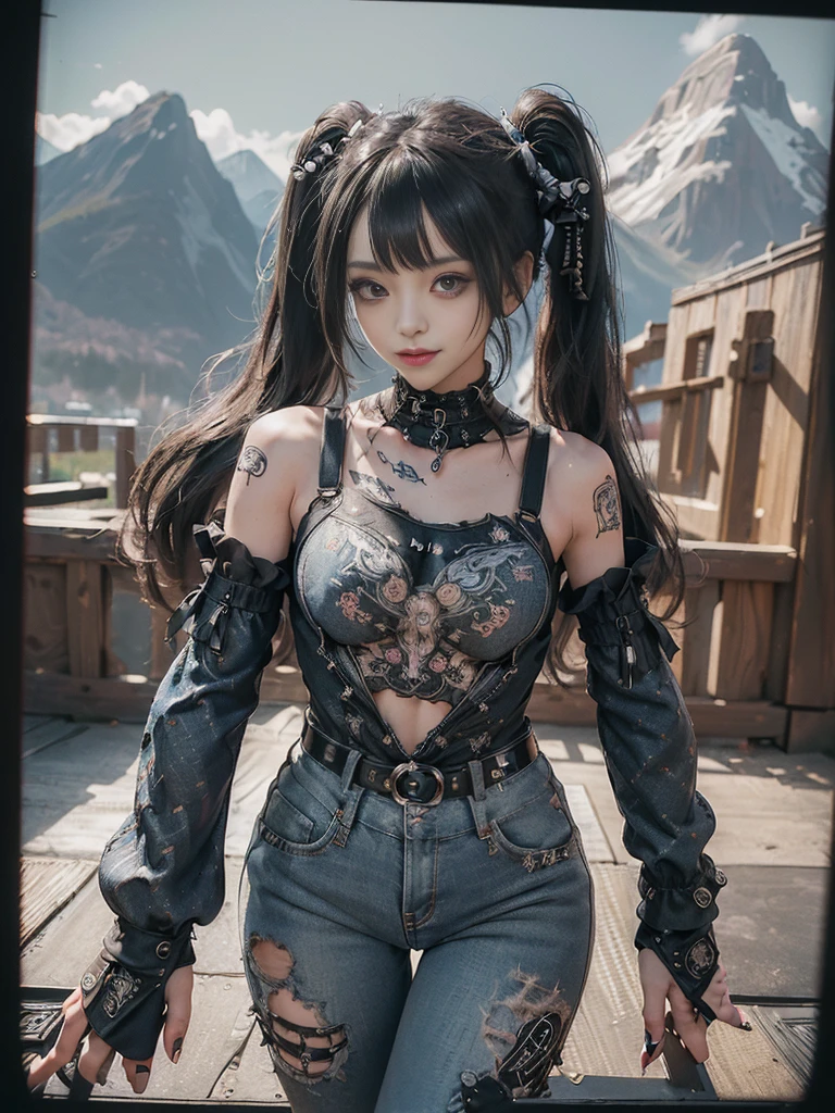 (Full Body View:1.4)、(Full body:1.3)、(Smiling with teeth showing:1.3),(Shibuya Gal:1.5)、(Beautiful:1.3)、(Gothic Lolita style fashion:1.5)、(Punk RockVisual Kei:1.5)、(Wearing a rhythmic gymnastics bodysuit with intricate details:1.4)、(Racing suit and pants with intricate decoration in beige, denim and charcoal:1.5)、(Denim and black and brown boots:1.3)、((belt))、(Numerous delicate logo marks all over the costume:1.4)、(collar:1.3)、(Polka dot underwear:1.5)、20-year-old、NSFW、((Highest quality、In 8K、masterpiece:1.3))、Sharp focus:1.2、(Layered Cut、Huge boobs:1.1),Beautiful woman with perfect figure:1.4、(do a gravure pose:1.3)、Slender Abs:1.2、Highly detailed face and skin texture、Detailed eyes、double eyelid,(Twin tails:1.3)、(Black brown hair:1.3)、Gravure idol、(The background is a vast mountain々Beautiful European tourist destinations:1.3)、(Slim body:1.3),(Make your legs thinner:1.4),(clavicle:1.1)