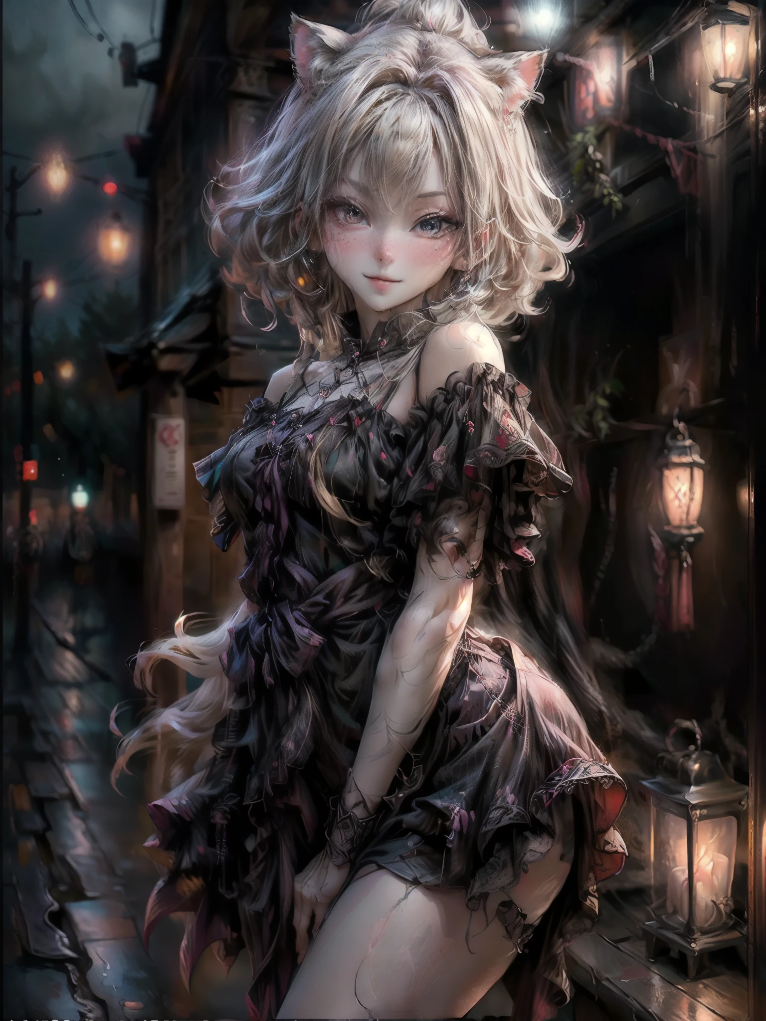 (8K, Highest quality, masterpiece:1.2), (Realistic, photo-Realistic:1.37), Super detailed, (1girl:1.6),cute,Beautifully detailed skies,(Outdoor:1.4),night,Are standing,Date,(Red nose),(A light smile:1.15),(Mouth closed:1.2), Large Breasts,Beautiful attention to detail, Wet,rain,White lace, (short hair:1.2),Floating Hair NovaFrogStyle, View your viewers, whole body, Mix 4, Dressed as a goth girl, Black Lips, Blonde, Pale skin, Cat ears, Cat_girl