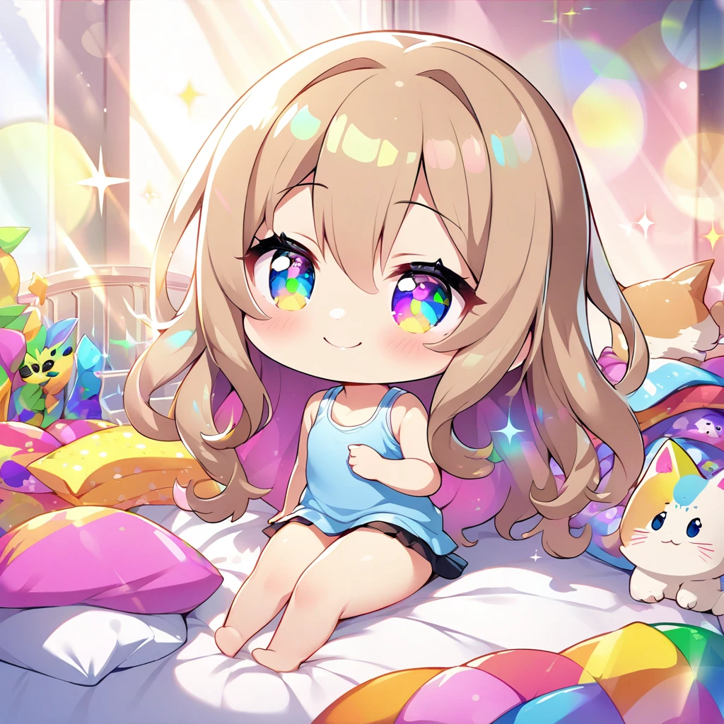 masterpiece, best quality, 4k、2D illustration、one beautiful girl、solo、(((chibi style)))、((vivid colors))、cute chibi、lovely chibi、long beautiful hair, glossy light brown hair, hair between eyes, cute、beautifully detailed eyes、((tank top))、((miniskirt))、((colorful))、((happy smile))、sitting on bed、((full body shot))、((kitten)), ((lots of colorful stuff around))、((bed))、sparkle、((lens flare))、