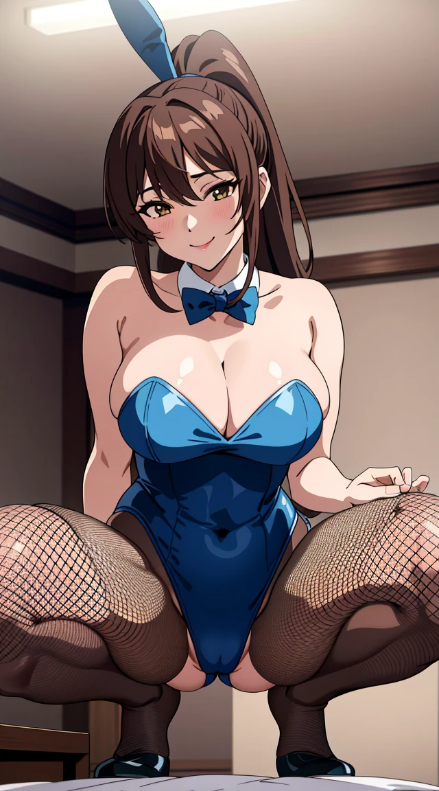 (Highest quality:1.5, High resolution, 超High resolution, 4K, Detailed lighting, Shaders), Brown Hair, Big ponytail, beautiful, Large Breasts, sexy, erotic, Obscene, Cleavage, Thighs, Ahegao, smile, share, (throw, Close-up shot, View from below), Night bedroom background, Bunny Girl Suit, Bunny Leotard, Fishnet tights, (squat)