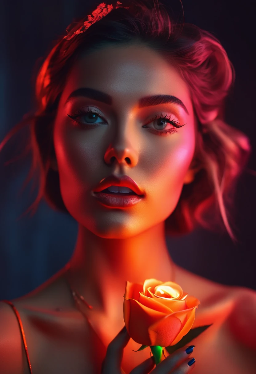 a woman with a neon rose on fire, flawless skin, whimsical photography style, photo captured by an Arriflex 35BL camera using Canon K25 prime lenses, cinematic, dramatic lighting, ultra clear, breathtaking surreal masterpiece. sensual pose