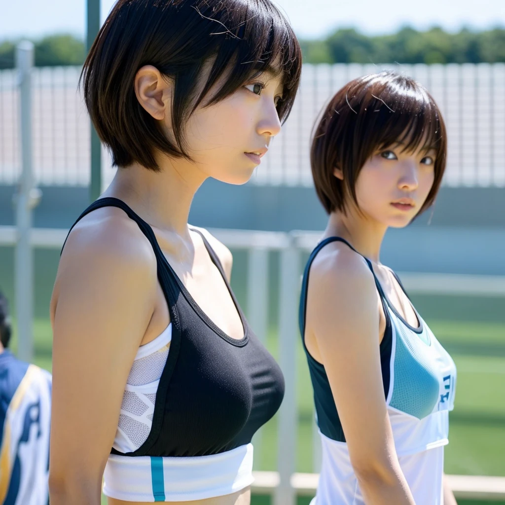 (2girls:1.5), (a detailed full-body RAW photo of a girl), (masutepiece:1.0), (Best Quality:1.4), (超A high resolution:1.2), (Photorealistic:1.4), 8K resolution, Canon EOS R5, 50 millimeters, absurderes, ultra-detailliert, (25 year old), Sharp Focus, Cinematic lighting, Detailed beautiful face, (no-makeup:1.2), (ulzzang -6500-v1.1), petite figure, Detailed skin texture, Suntan skin, flat chest, (skinny and fit body:1.6), Thigh gap, Detailed brown hair, sweltering,(Very short hair:1.5), realistic glistening skin, (Sweating:1.45), Heavy breathing, a sultry, (small tits, Cameltoe), (Japan National Team Players, flat chest:1.5), well-developed abdomen, Wet body, (small tits:1.5), (Japan schoolgirl:1.5), (dark tanned skin:1.5), (Blue competition lacrosse uniform:1.5), (wet t-shirts:1.5), (through bra from t-shirts:1.5), (Photo of beautiful 25 year old Japan girl at school), Full body, (school girl:1.5), (erect nipples:1.2), full body, (smile:1.5), (open stance:1.5), (wide open legs), (look back and show hip:1.5), (hip fourcus:1.5), (dark colour skins:1.5), (hip shot:1.5), (wet body:1.5), (wet skin:1.0), highschool lacrosse team, upskirts,