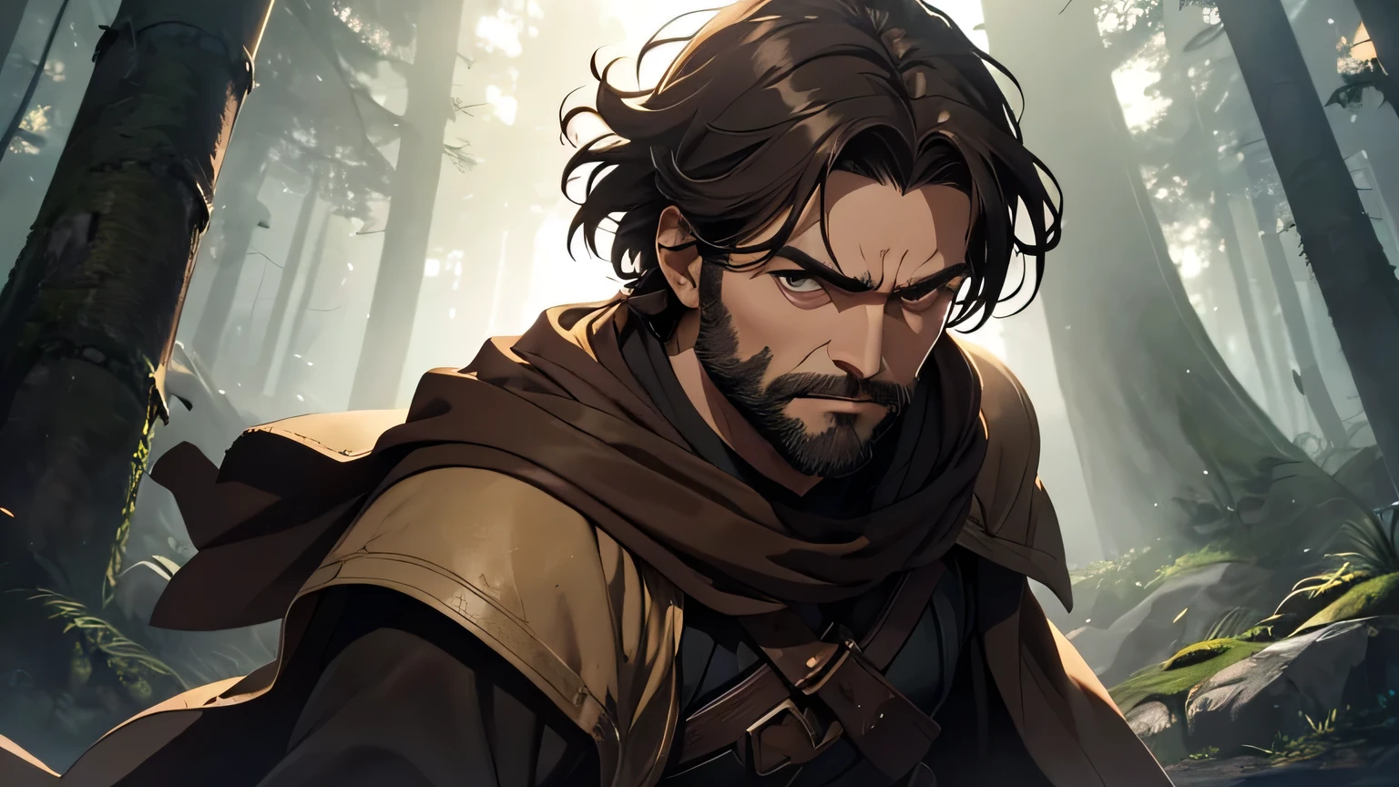 Worried-faced man with dark brown beard, long dark brown hair, light yellow-brown eyes and dark brown and light brown tunic from the 4th century BC. C., with a light brown cloak, about 50 years old, throwing brown rock with his hand, in a dark and mysterious forest at night, movement scene in the forest, changing lighting, hyperrealistic, cinematic lighting,