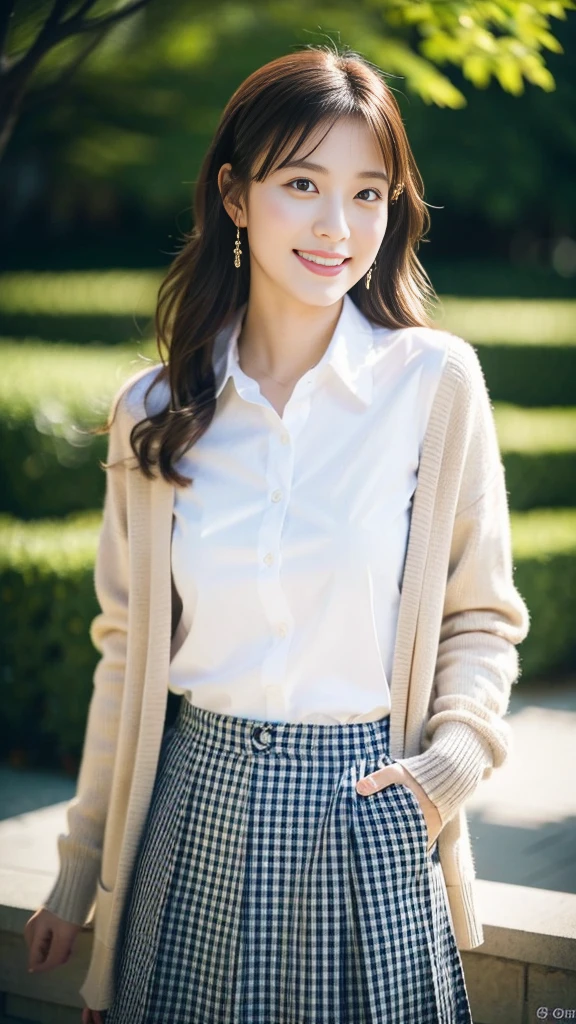(Best Quality, masutepiece, Ultra HD: 1.3, High brightness, High color saturation), 1girl in, (middlebreasts), light brown hair, Asymmetrical hair, straight haired, Long hair, ( slender body shape, Constricted waist), (Ultra Fine Face), Delicate lips, (beautidful eyes), thin blush, eyes are brown, perfect glossy skin, View here, Smiling smile, ( hide one's hands), (Sitting on a bench), (thin and long legs, Thighs and toes:1.5), See-through white blouse, (Black enamel mini skirt*1.5), (Black stockings), (a japanese girl, hposing Gravure Idol), Broad-leaved forest, 135 mm, Fuji Film