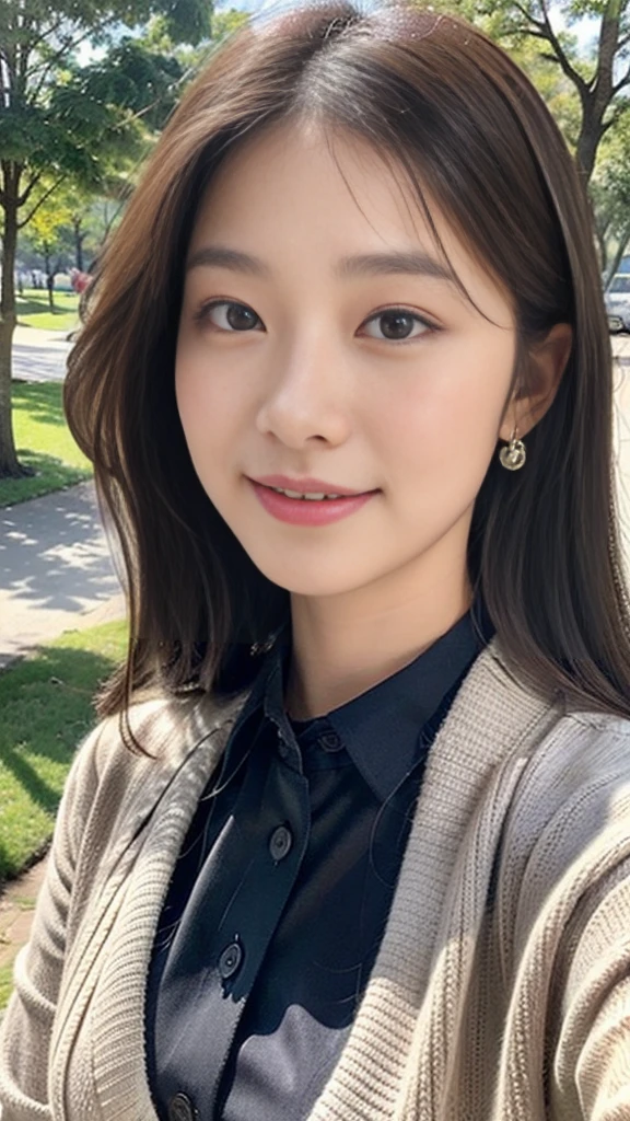 ((Highest quality、high resolution、High resolution、masterpiece、8K))、One Woman、21-year-old woman、Japanese women、Pretty woman、(Photograph the whole body:1.3)、Woman standing in winter park、Urban park、Sunny day in Paris、(Wearing a collared shirt and cardigan、Checkered pleated skirt、Black loafers、Simple Fashion)、Perfect proportions、Slim figure、8-life proportions、Detailed face、Beautiful eyes、Natural Makeup、A ruddy complexion、Look here with a smile、Brown medium long hair、Loose wavy hairstyle、((Canon EOS 5D Mark 4とSIGMA Art Lens 85mm F1.4 Shot with DG HSM lens、F-stop 2.4、ISO 100、Shutter speed 1000))、Angle from the front、RAW Photos、Clear photos、Professional Lighting、Height: 165cm