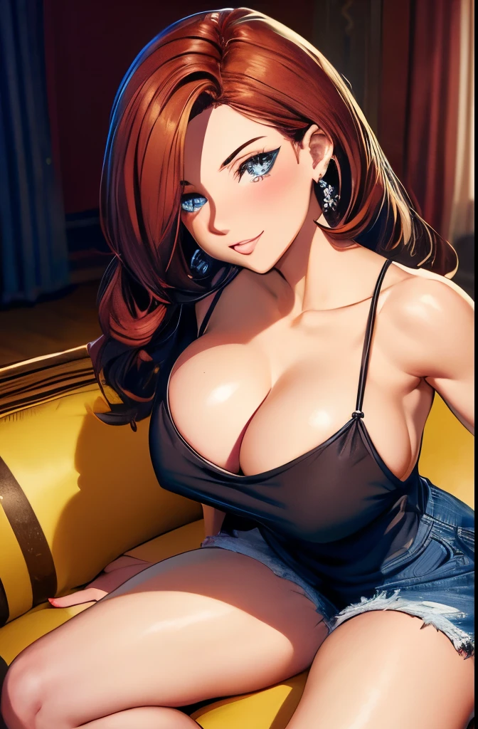 full body shot, thick auburn hair, crystal blue eyes, open mouth smile, aroused 25 years old, playfully aroused, dripping with desire, cleavage, low cut spaghetti strap tank top , shorts, slim waist, standing stretching, coy smile with open parted lips, (blushing:1.3), looking invitingly at the viewer, seductive eyes, facing the viewer, livingroom background, posing by the sofa, (pov), glowing eyes, necklace, earrings, nsfw,