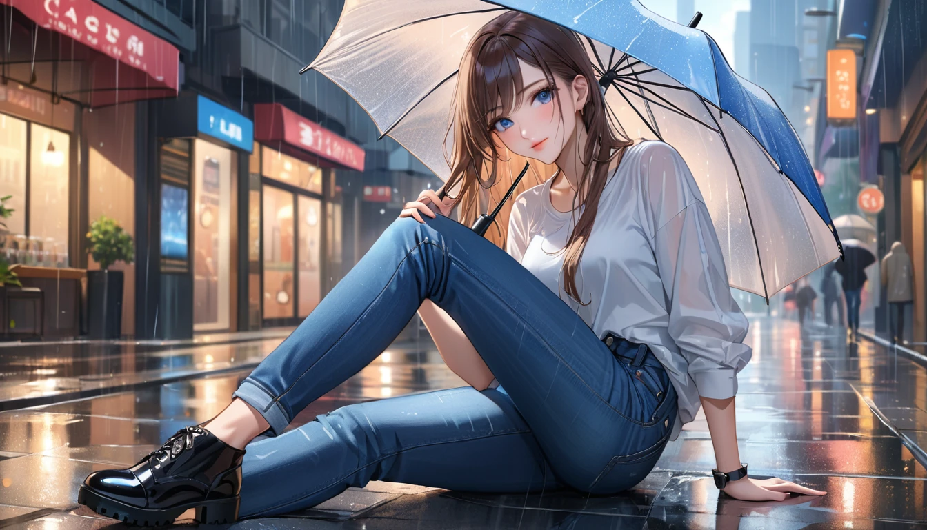 ((Highest quality, masterpiece:1.3, 8K)), (detailed), highly detailed face and skin texture, detailed eyes, Downtown, whole body, Seductive pose, Slender body, One girl, Age 25, White skin, Bright lips, Captivating smile, Long Hair, (amount:1.0), Stylish tops, Jeans pants, Skinny jeans, Blue Jeans, footwear,(((heavy rain))),Sheltering from the Rain,(((Holding an umbrella in his right hand))),