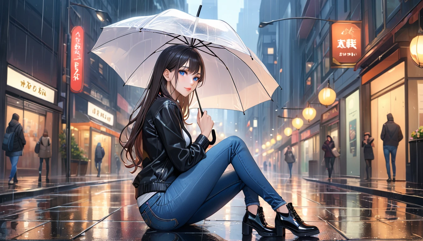 ((Highest quality, masterpiece:1.3, 8K)), (detailed), highly detailed face and skin texture, detailed eyes, Downtown, whole body, Seductive pose, Slender body, One girl, Age 25, White skin, Bright lips, Captivating smile, Long Hair, (amount:1.0), Stylish tops, Jeans pants, Skinny jeans, Blue Jeans, footwear,(((heavy rain))),Sheltering from the Rain,(((Holding an umbrella in his right hand))),