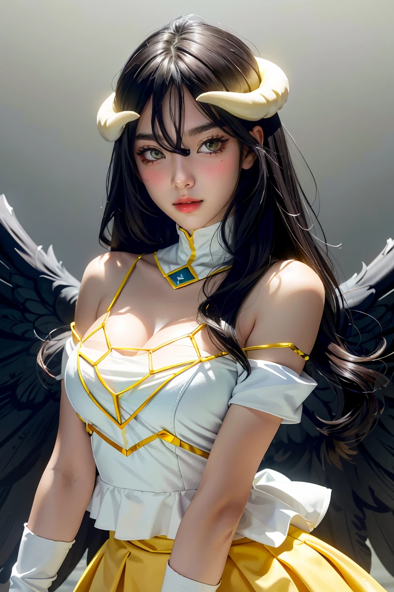 Masterpiece, Best quality, Ultra-detailed, illustration, epic lighting, Cinematic composition, isometry,(hexagons:1.2), 1girll, Horns, Solo, Yellow eyes, Black hair, Long hair, (Low wing:1.2), Large cleavage, Bare shoulders, hair between eye, Medium breasts, (White dress:1.1), Golden decoration, Detached collar, view the viewer, Semi-closed Eyes, (view the viewer:1.1), parted lip, Blush, Black feathers fall, Arena, particle fx, (8K:1.1)