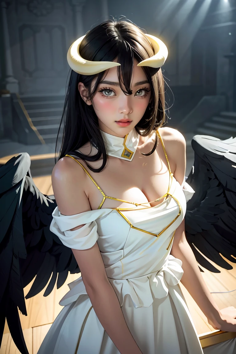 Masterpiece, Best quality, Ultra-detailed, illustration, epic lighting, Cinematic composition, isometry,(hexagons:1.2), 1girll, Horns, Solo, Yellow eyes, Black hair, Long hair, (Low wing:1.2), Large cleavage, Bare shoulders, hair between eye, Medium breasts, (White dress:1.1), Golden decoration, Detached collar, view the viewer, Semi-closed Eyes, (view the viewer:1.1), parted lip, Blush, Black feathers fall, Arena, particle fx, (8K:1.1)