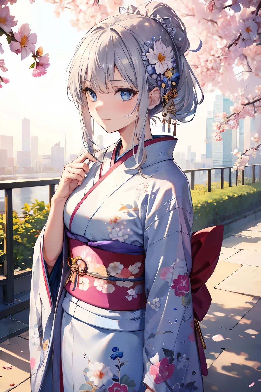 (Best quality,4K,8K,High resolution,Masterpiece:1.2),Super detailed,(Actual, Realistic),
break,
((Beautiful clear blue eyes:1.2)),
break,
((Beautiful and shiny silver hair:1.3)),shy smile,
break,
(colorful floral patterned kimono:1.3),
break,
picking flowers