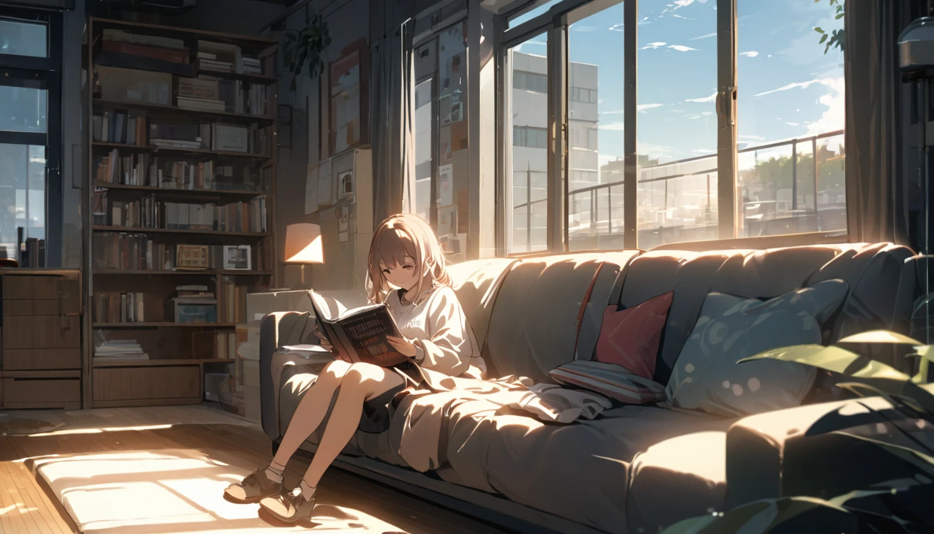 Girl sitting on sofa reading a book,In front of a large window,Morning sunlight,Streetscape、listen to music、is seperated