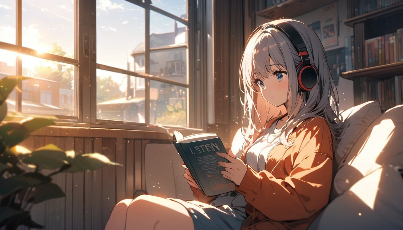 Girl sitting on sofa reading a book,In front of a large window,Morning sunlight,Streetscape、listen to music、is seperated