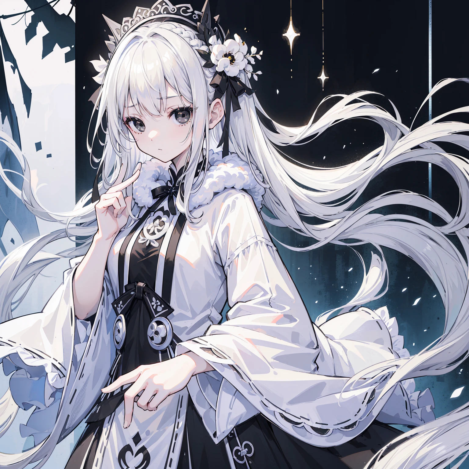 (Top image quality)、(Very detailed)、(Facing forward)、Top quality、masterpiece、(((1 名girl )))、girl、Silver Hair、White hair、((Long hair))、Weaving、(black eyes:1.6)、(White and black cheongsam)、Hooded dress、Lots of decorations、Lots of ribbons、White Ribbon、She looked grim.、Fluffy loose hair、Hanfu