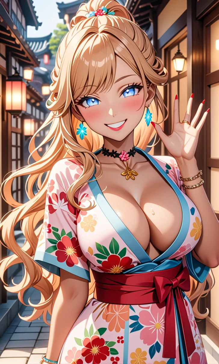 ultra-detailed, ((one girl)), (tan skin improved:1.0), (in pastel colors gyaru), (sweat skin), (heavy makeup), hyper detailed, absurdres, 8K, Beautiful Face, (Laugh shyly), ((teasing smile:1.8)),((Wink:1.6)), (Laugh with your mouth wide open),((Tilt your head:1.6)), View your viewers, ((Bright red cheeks:1.6)),Glossy Red Lips, ((Big Breasts:1.5)), ((show off breast)), ((Fold your arms under your chest:1.3)), noon, In front of the square, ((Anime style background)),masterpiece, Highest quality, so beautiful,Latest, Complex details, (Pink long nails), (nail art), (ring),(bracelet), (Floral Choker),AI-generated, Complex,High resolution, Highest quality, super high quality,3D Images、3D Images,One person,Yellow long hair,(High Ponytail), (wavy hair:1.3), Anime woman posing for a photo, ((Fine grain、blue eyes、glowing eyes:1.4)), (Squint your eyes:1.1),a hyperRealistic , hyperRealistic , Realistic,Anime woman with long yellow hair, Smooth anime CG art, A girl wearing a pastel-colored kimono, ((Pastel-colored furisode)),(Pink large floral pattern) ,Long flower hair ornament,Floral Earrings,Mature Body, tall,Narrow waist, ((waving at viewer:1.3)),