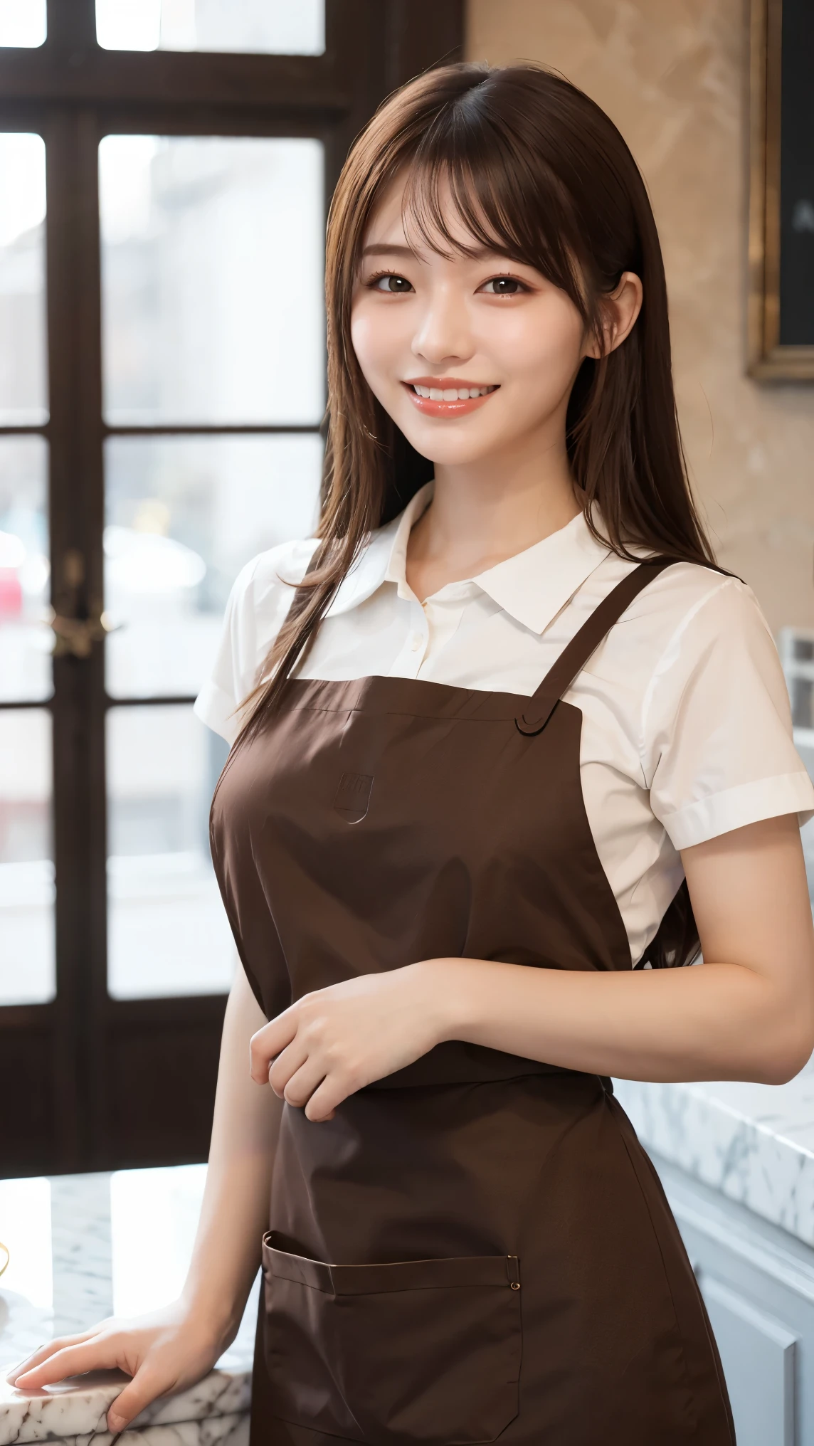 (Highest quality、Tabletop、8K、Best image quality、Award-winning works)、Woman working in a café、(The perfect brown apron:1.1)、(The perfect brown apron:1.1)、(Standing elegantly against the backdrop of a blurred cafe:1.3)、(Stylish shirt and apron:1.1)、(Big Breasts:1.1)、(Accentuate your body lines:1.1)、Beautiful woman portrait、The most elegant and cozy cafe、The most natural cafe, Perfectly organized、The most atmospheric and warm lighting、Stylish and elegant cafe、Strongly blurred background、Look at me and smile、(Accurate anatomy:1.2)、Ultra high resolution perfect beautiful teeth、Ultra-high definition beauty face、Ultra HD Hair、Ultra HD The Shining Eyes、The Shining, Super high quality beautiful skin、Super high quality glossy lip