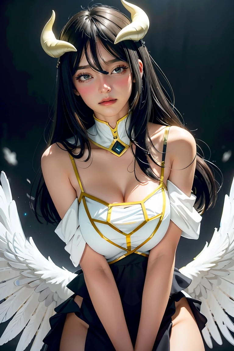 Masterpiece, Best quality, Ultra-detailed, illustration, epic lighting, Cinematic composition, isometry,(hexagons:1.2), 1girll, Horns, Solo, Yellow eyes, Black hair, Long hair, (Low wing:1.2), Large cleavage, Bare shoulders, hair between eye, Medium breasts, (White dress:1.1), Golden decoration, Detached collar, view the viewer, Semi-closed Eyes, (view the viewer:1.1), parted lip, Blush, Black feathers fall, Arena, particle fx, (8K:1.1)