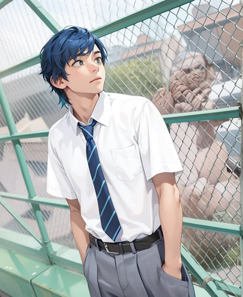 He is on top of his school looking curious and thoughtful at the city, he has blue hair.