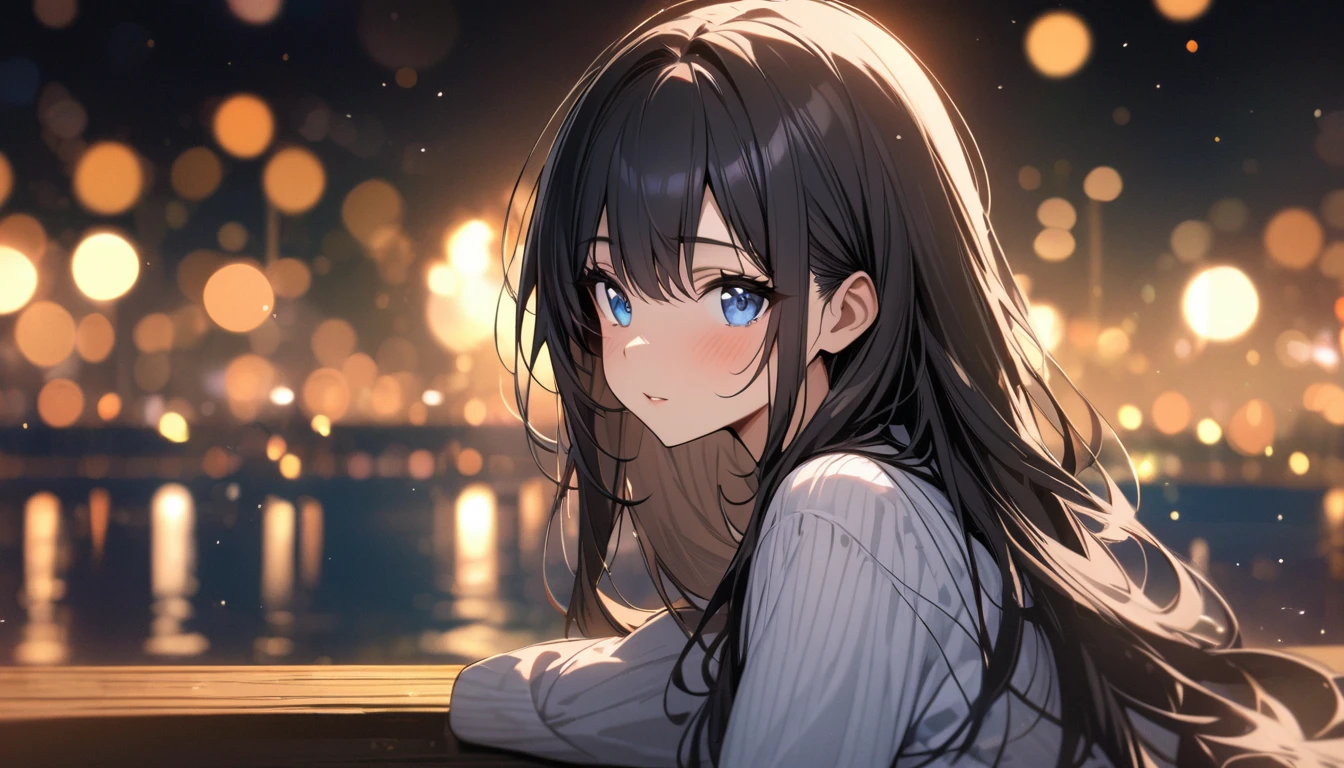 Full resolution, Highest quality, masterpiece, Full HD, Bokeh, particle Bokeh, Depth of written boundary, Beautiful girls, Very detailed, One girl, pretty girl, Black Hair, Long Hair, Blue water eyes