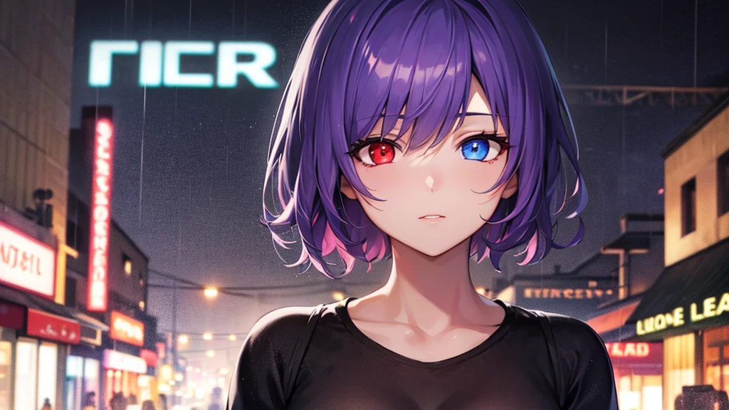 Highest quality, 8K, 4K, High resolution, (Beautifully detailed face), High Contrast,1girl,only,short hair,purple hair,heterochromia(red eyes,blue eyes), beautiful eyes, Slanted Eyes, Moderately sized breasts, A quiet town late at night, Night Rain, Neon Light