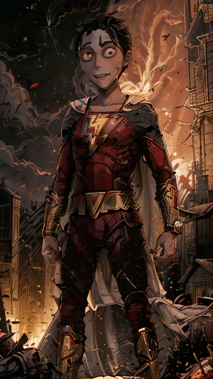 best quality,masterpiece,1boy,solo,(((13years old))),japanese boy,an extremely cute and handsome boy,highly detailed beautiful face and eyes,petit,cute face,lovely face,baby face,shy smile,show teeth, Black hair,Short hair,flat chest,skinny,slender,(((wearing a red Shazam costume,white cape))),(((standing in Dark Midnight TimBurton animation style metropolis city))),he is looking at the viewer,