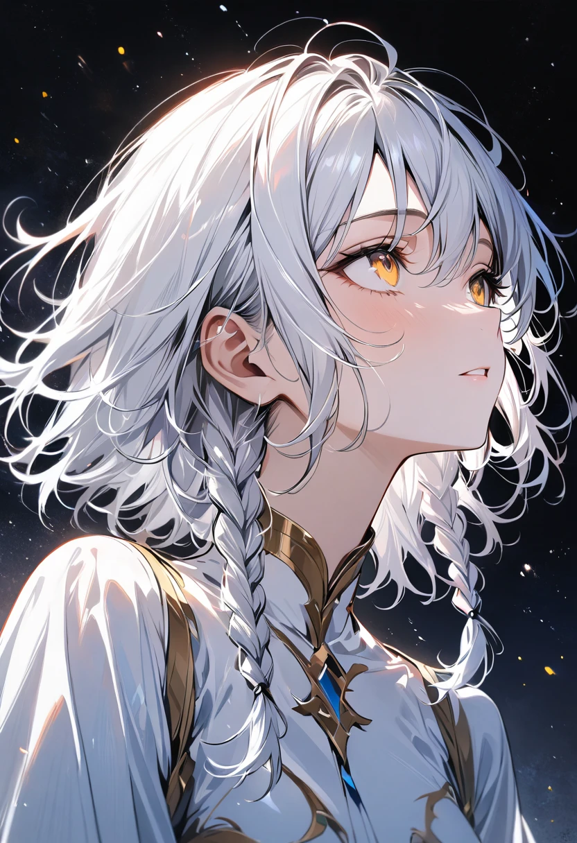 best quality, masterpiece,white hair, gold eyes,white clothes, looking up, upper body,hair strand,Fair skin,side braids