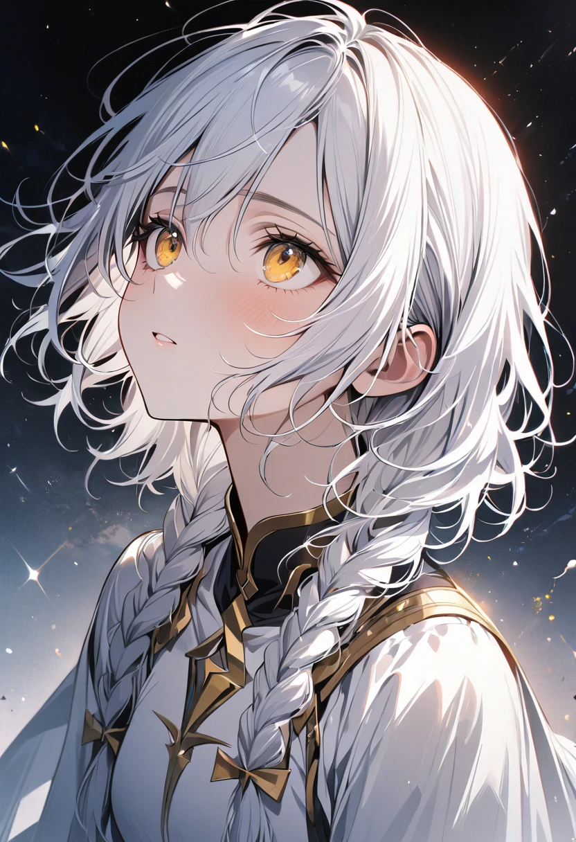 best quality, masterpiece,white hair, gold eyes,white clothes, looking up, upper body,hair strand,Fair skin,side braids