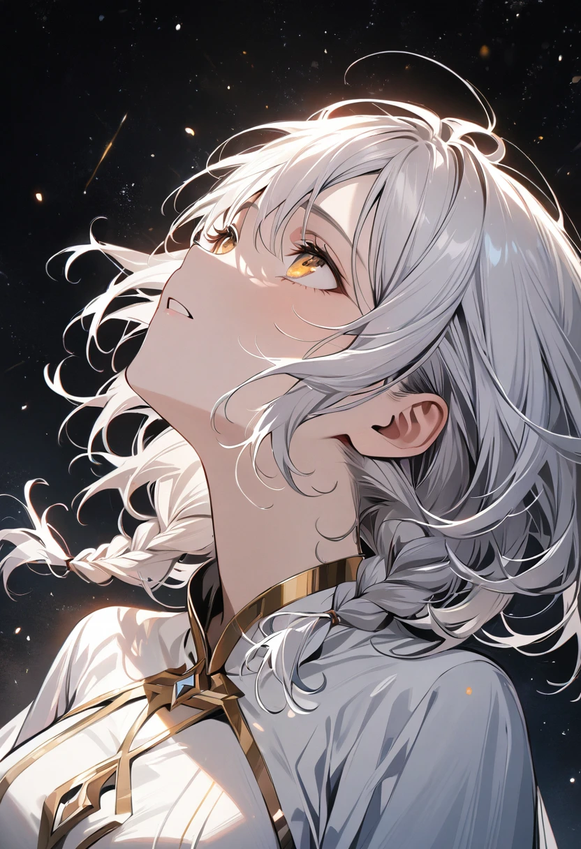 best quality, masterpiece,white hair, gold eyes,white clothes, looking up, upper body,hair strand,Fair skin,side braids