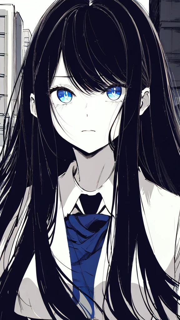 monochrome color, Blue Art, grayscales、masterpiece、top-quality、Top image quality、straight haired、Hanging eyes、kawaii、A darK-haired、blue eyes、the wind、Buildings,Tokyo