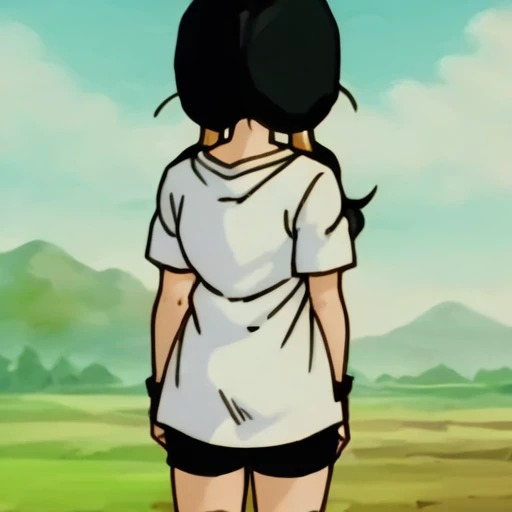 source_anime, score_9, score_8_up, score_7_up, anime screencap,
videl, low twintails, black hair, hair tubes, blue eyes, from behind, back view, facing camera, looking at the camera, white shirt, black shorts, round butt, bubble butt, big ass, ass focus
