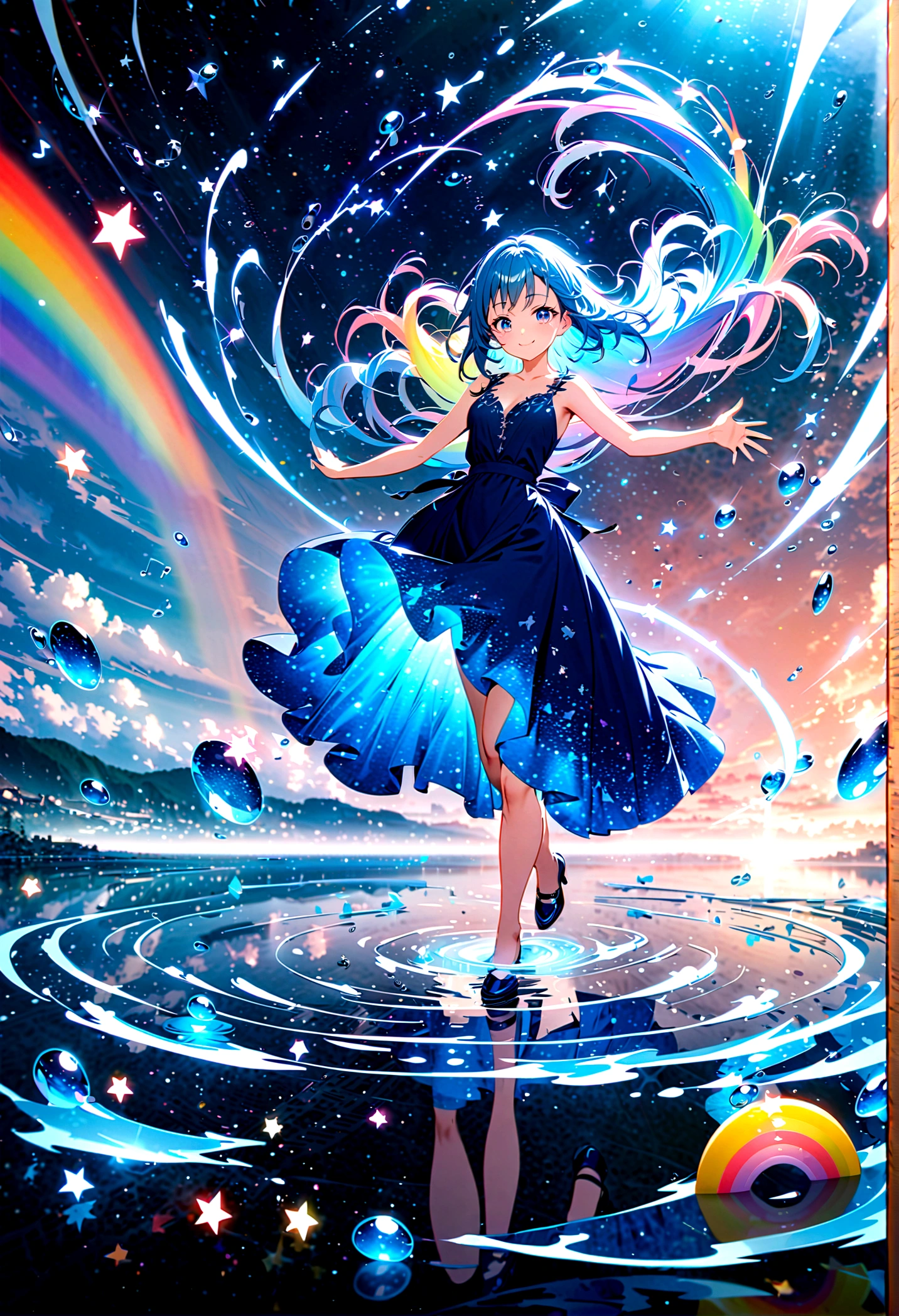 Anime style, ultra-detailed, 8K CG, blue-haired girl, smile, blue world, mysterious blue objects floating, star, (musical note), rainbow, blue dress, reflection, rainbow-colored water dancing around her. Rotating rainbow-colored water.