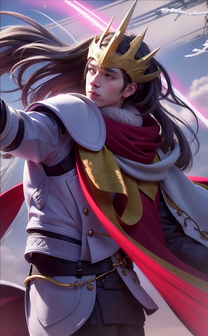 best quality, masterpiece, White hair,detailed, red eyes, windy, floating hair, snowy, upper body, detailed face, winter, trees, sunshine,  (male 20 years old)