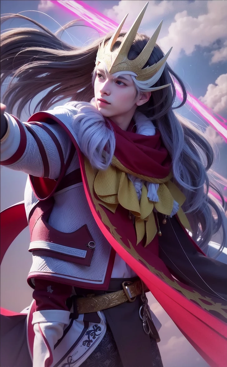 best quality, masterpiece, White hair,detailed, red eyes, windy, floating hair, snowy, upper body, detailed face, winter, trees, sunshine,  (male 20 years old)