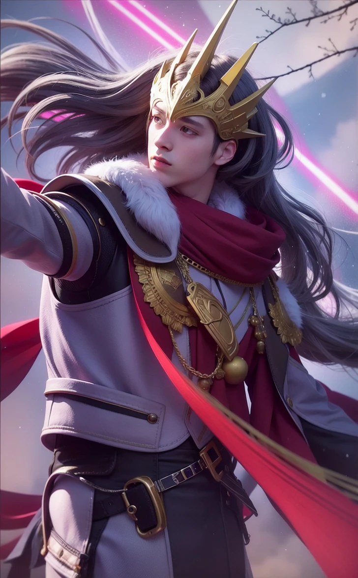 best quality, masterpiece, White hair,detailed, red eyes, windy, floating hair, snowy, upper body, detailed face, winter, trees, sunshine, (male 20 years old)