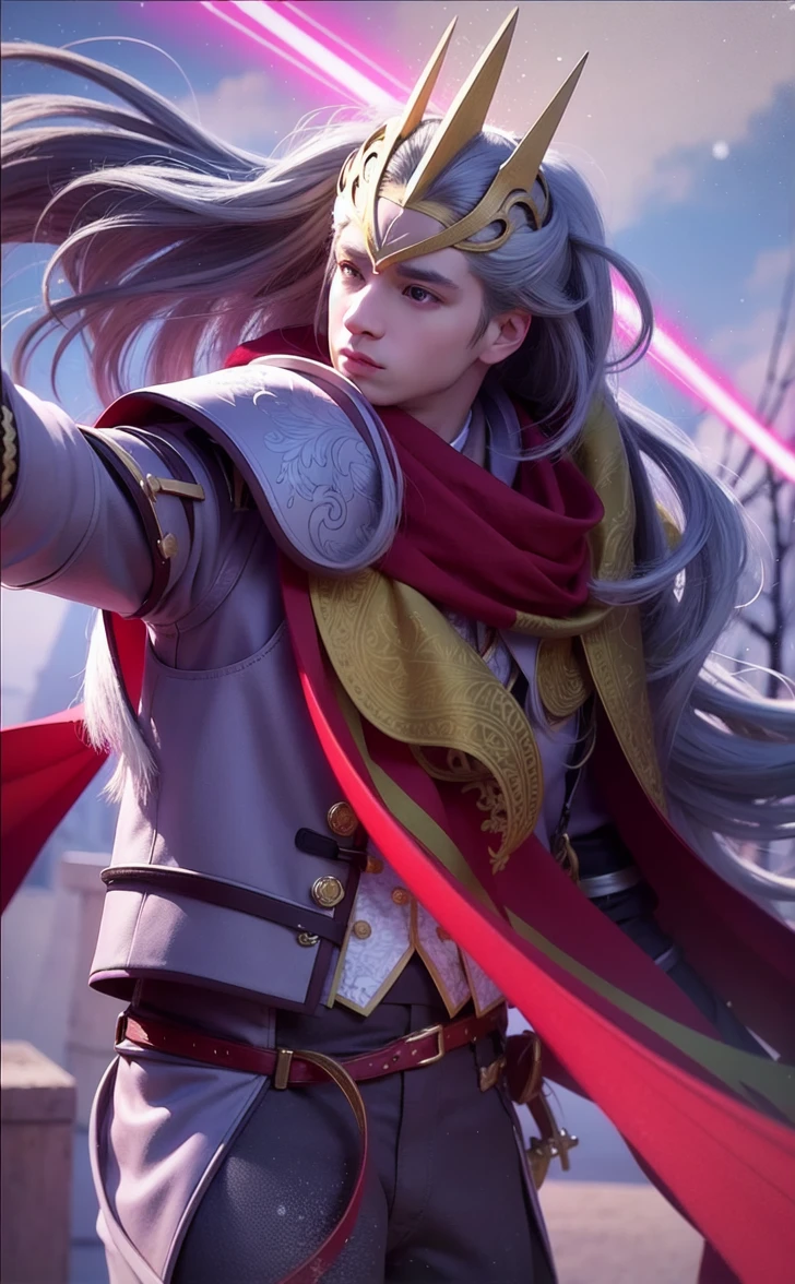 best quality, masterpiece, White hair,detailed, red eyes, windy, floating hair, snowy, upper body, detailed face, winter, trees, sunshine, (male 20 years old)