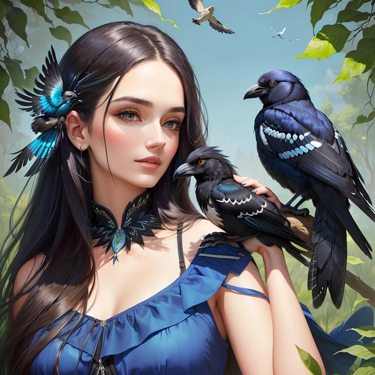 Beautiful woman with long hair and blue dress holding a magpie in her hair., with a crow on the shoulder, with a big magpie, pet bird, very very good quality image, with a crow on the shoulder, very foolish, can&#39;t take it anymore, there are birds in your head, 8k selfie photography, high quality photo, long peak, thick shiny black