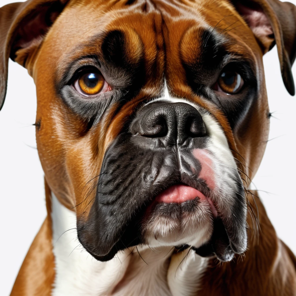 masterpiece, ultra realistic, UHD, 4k, a picture of a boxer dog face, sharp focus, white background