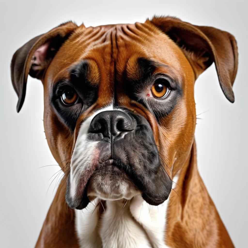 masterpiece, ultra realistic, UHD, 4k, a picture of a boxer dog face, sharp focus, white background