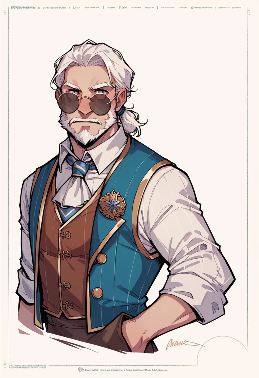 Wizard Male ,vest ,Tie , white Tied hair , short Beard ,Medieval Clothing ,Round Sunglasses  ,