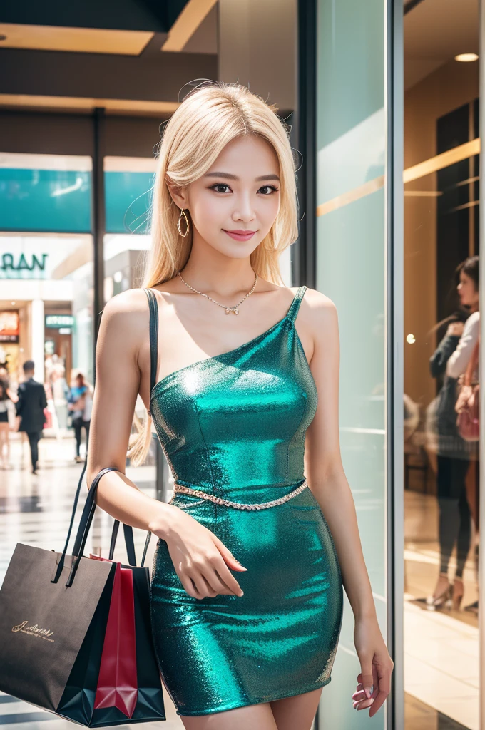 (best quality, 4k, 8k, highres, masterpiece:1.2), ultra-detailed, (realistic, photorealistic, photo-realistic:1.37), closeup, beautiful Thai woman, (happy smile), (small breasts), (slim girl), beautiful makeup, platinum blonde hair, fair skin, elegant posture, wearing large sparkling colorful jewelery, wearing a business style leather dress, standing in a large shopping mall, gentle sunlight shining through the shopping mall windows, casting a soft glow on her face, adding warmth to the scene, vibrant colors, capturing the essence of vibrant city life, portrait style, showcasing her natural beauty and grace in a feminine way