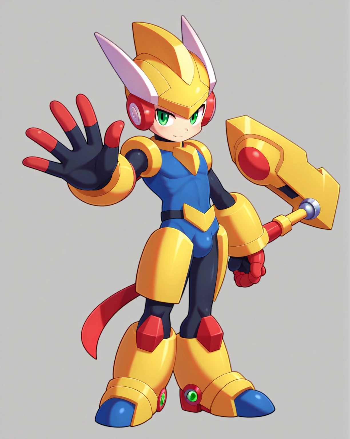 1in kinu-sensei artstyle, Kinu Nishimura style, muted pastel colors, 1boy, solo, hardboiled, reploid, In this detailed image, we see a Reploid character from the "Mega Man X" series, specifically with the design from "Mega Man X8." The Reploid features a futuristic and functional design, incorporating a blend of military and utilitarian aesthetics. The character is depicted in a full-body armor suit predominantly colored in vibrant greens, with contrasting red and white accents, kinu-sensei artstyle,