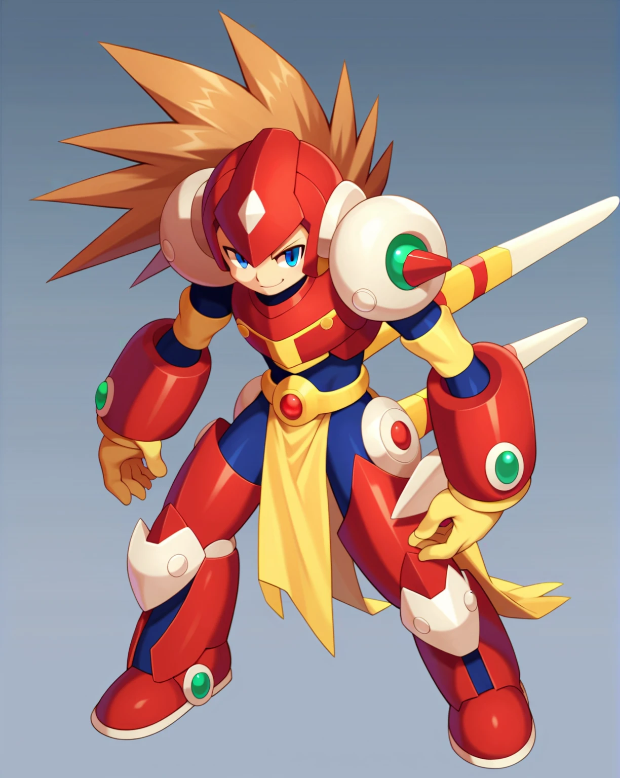 1in kinu-sensei artstyle, Kinu Nishimura style, muted pastel colors, 1boy, solo, hardboiled, reploid, In this detailed image, we see a Reploid character from the "Mega Man X" series, specifically with the design from "Mega Man X8." The Reploid features a futuristic and functional design, incorporating a blend of military and utilitarian aesthetics. The character is depicted in a full-body armor suit predominantly colored in vibrant greens, with contrasting red and white accents, kinu-sensei artstyle,