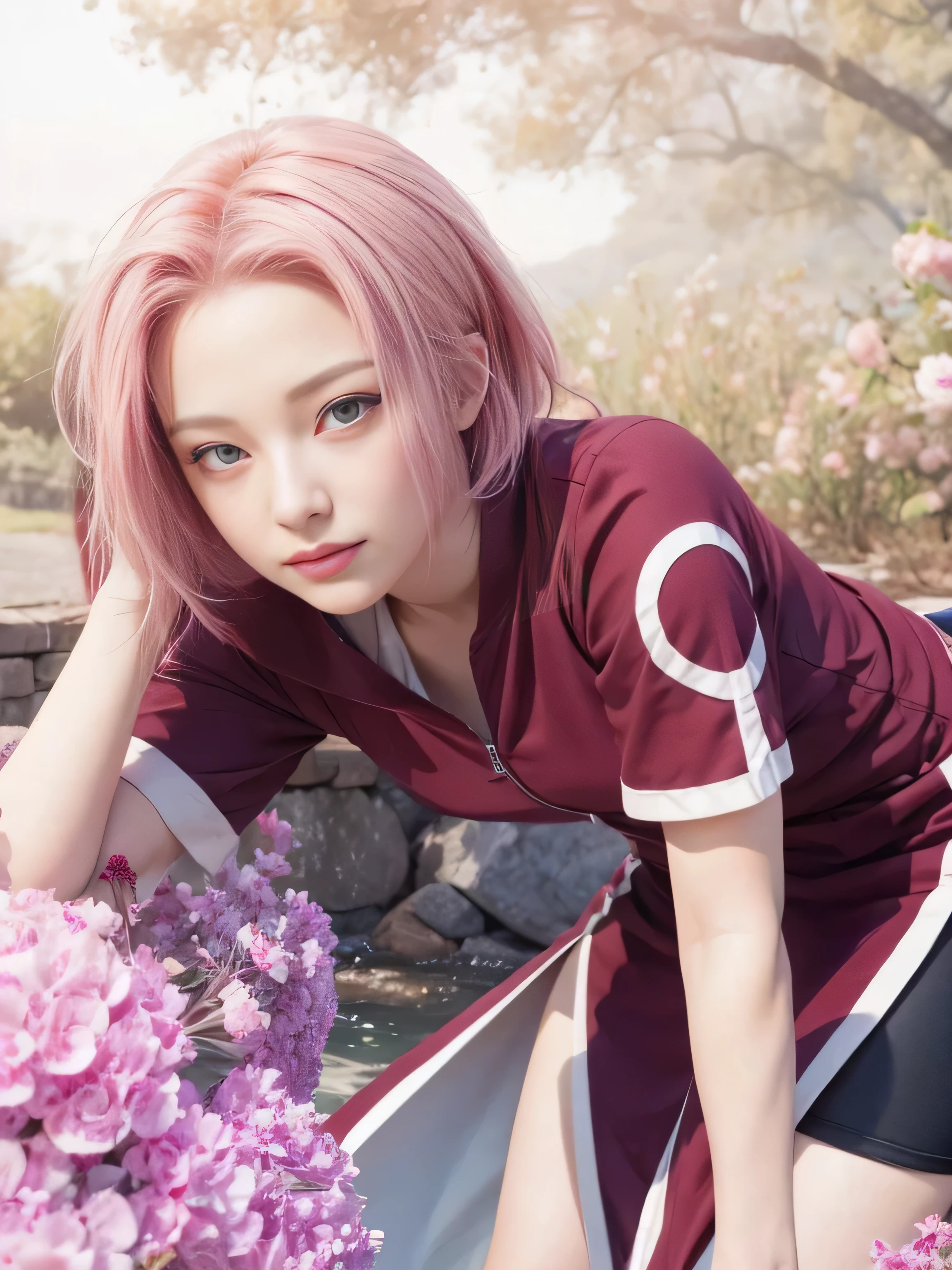 masterpiece, best quality, (realistic,photo-realistic:1.4), (RAW photo:1.2), extremely detailed CG unity 8k wallpaper, delicate and beautiful, amazing,finely detail, official art, absurdres, incredibly absurdres, huge filesize, ultra-detailed,extremely detailed eyes and face,light on face,little smile,(pink hair:1.4),short hair,(wearing red cloths:1.4),green eyes,garden,sakura haruno