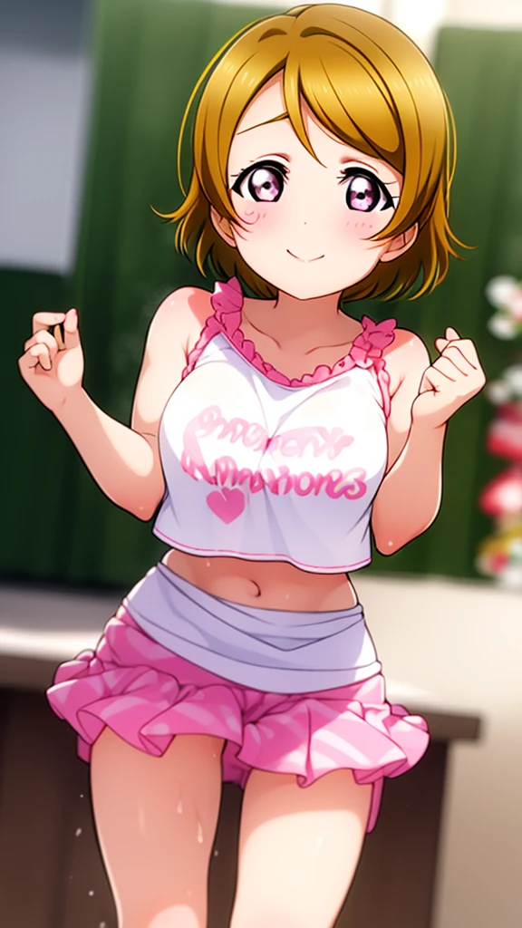 Koizumi_hanayo,Pink Crop Top, White tight shorts,Drenched in sweat,Sweaty,  Heavy breathing,Red face,Dull Hair,Curved body, Standing in a supermarket , Exposed armpits, Exposed crotch, Exposed groin, Exposed pubic bone, smile, Ahoge